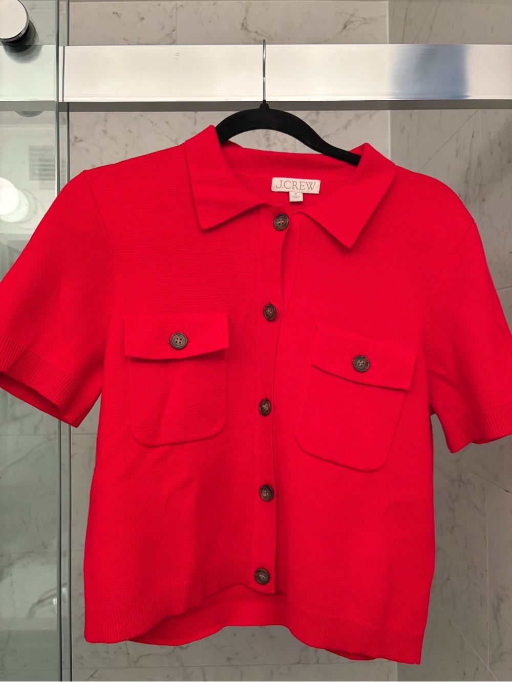 J. Crew Red Short-Sleeve Button-Front Knit Shirt - Picture 2 of 3